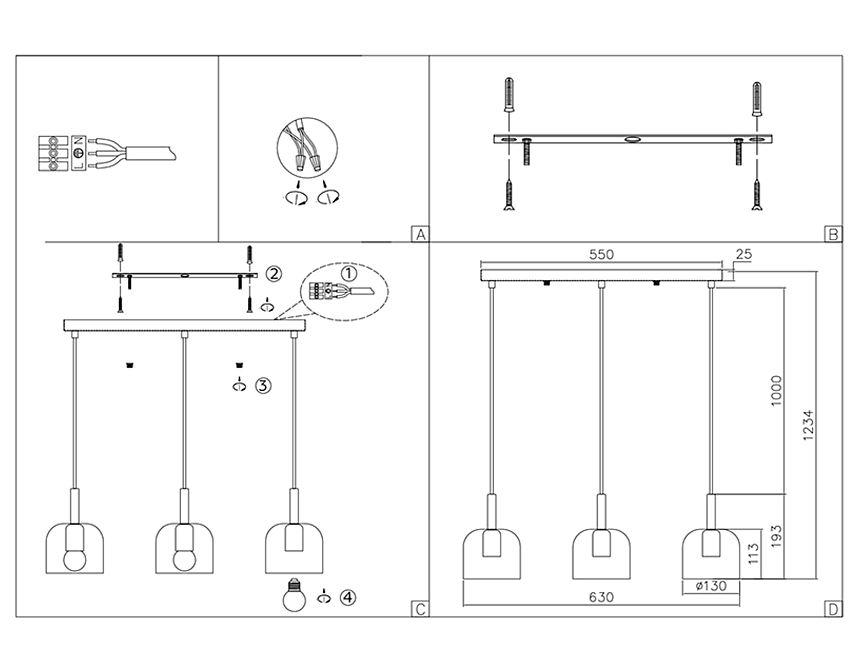TR97118/3 GD/BK золото/черный E27*3 max 40W D130*113*1200
